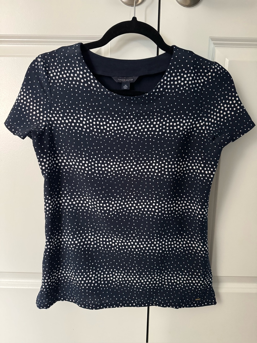 Tommy Hilfiger navy and white polka dot short-sleeve crew neck blouse